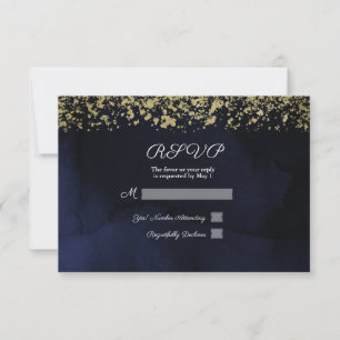 Modern Watercolor Moody Navy Blue Gold Reply RSVP