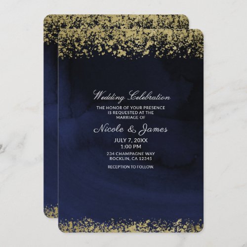 Modern Watercolor Moody Navy Blue  Gold Wedding Invitation