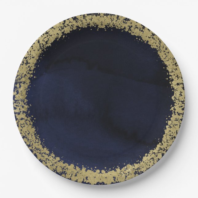 Modern Watercolor Moody Navy Blue & Gold Wedding Paper Plates (Front)