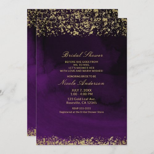 Modern Watercolor Moody Purple Gold Bridal Shower Invitation