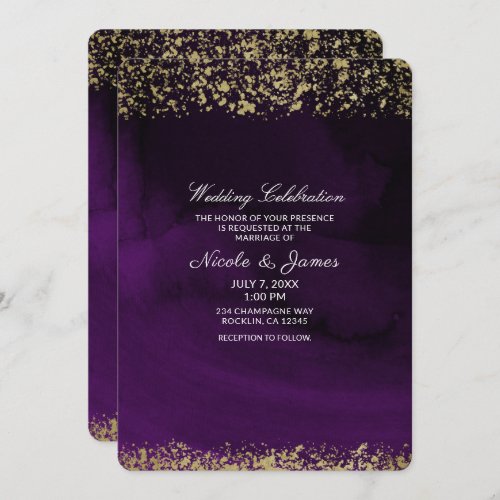 Modern Watercolor Moody Royal Purple Gold Wedding Invitation