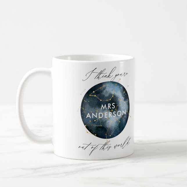 Modern watercolor moon star celestial teacher coffee mug (Left)