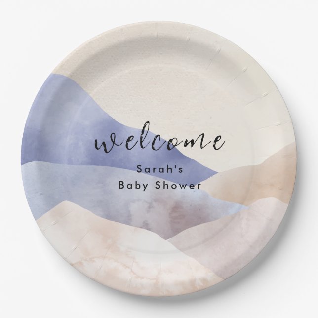 Modern Watercolor Mountain Baby Shower Welcome Paper Plates (Front)
