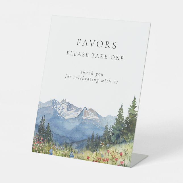 Modern Watercolor Mountain Floral Wedding Favors Pedestal Sign (Front)