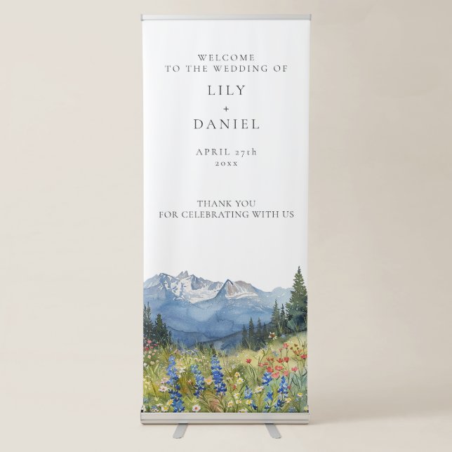 Modern Watercolor Mountain Floral Wedding Welcome Retractable Banner (Front)