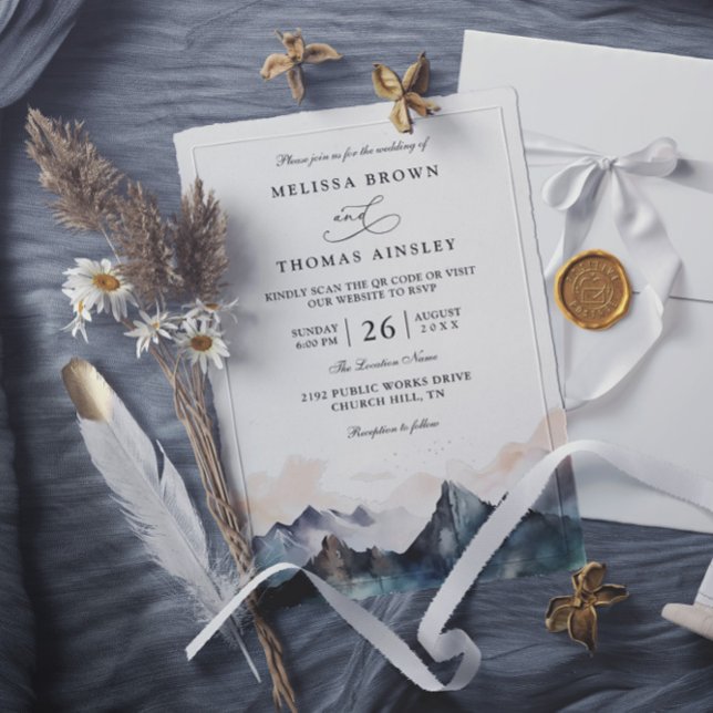 Modern Watercolor Mountain Forest QR Code Wedding Invitation (Creator Uploaded)