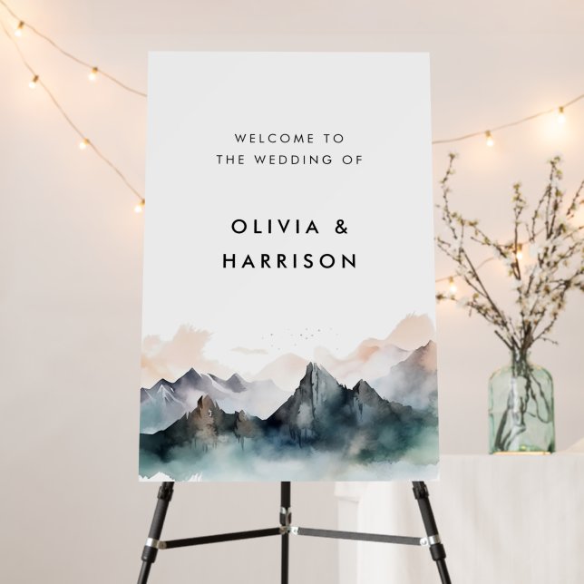 Modern Watercolor Mountain Landscape Wedding  Foam Board (In Situ (Stand))