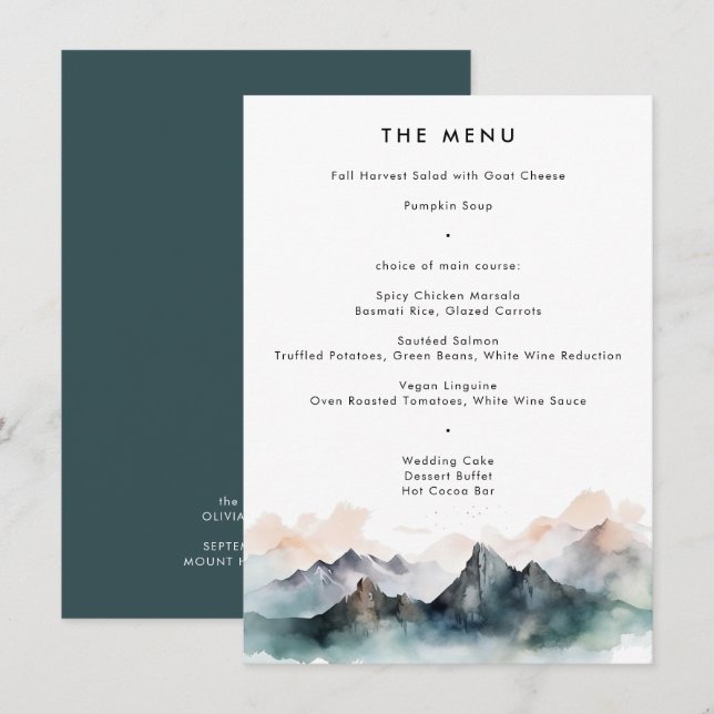 Modern Watercolor Mountain Landscape Wedding  Menu (Front/Back)