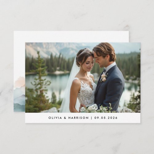 Modern Watercolor Mountain Landscape Wedding Photo Thank You Card