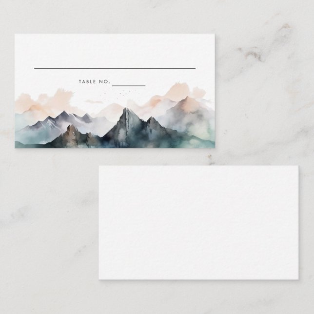 Modern Watercolor Mountain Landscape Wedding Place Card (Front/Back)