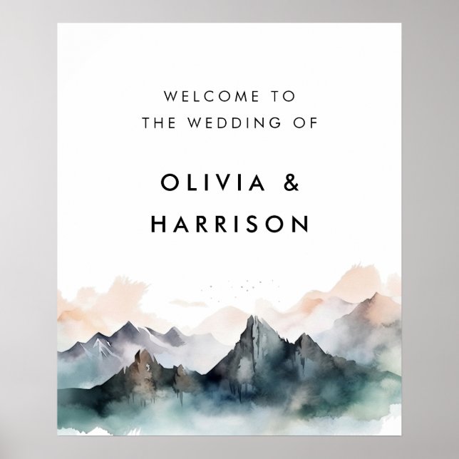 Modern Watercolor Mountain Landscape Wedding Poster (Front)