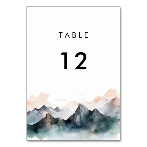 Modern Watercolor Mountain Landscape Wedding Table Number