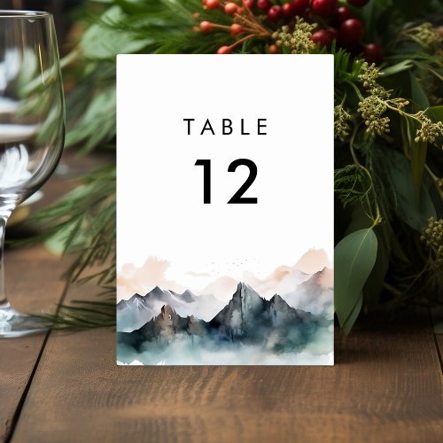 Modern Watercolor Mountain Landscape Wedding  Table Number