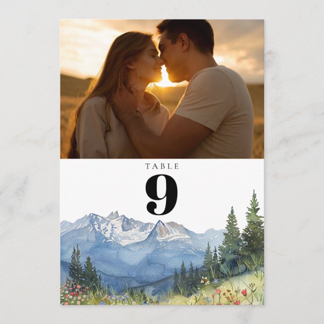 Modern Watercolor Mountain Photo Table Number (Front)
