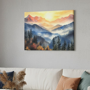 Modern Watercolor Mountain Sunset Landscape Canvas Print
