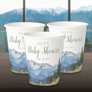 Modern Watercolor Mountain Wildflower Baby Shower Paper Cups