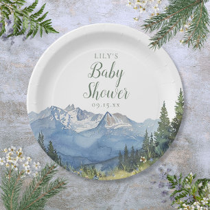 Modern Watercolor Mountain Wildflower Baby Shower Paper Plates