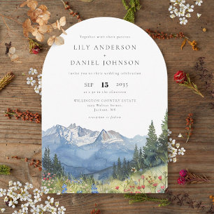 Modern Watercolor Mountain Wildflower Wedding Arch Invitation