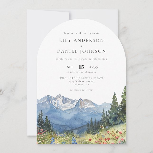 Modern Watercolor Mountain Wildflower Wedding Arch Invitation (Front)