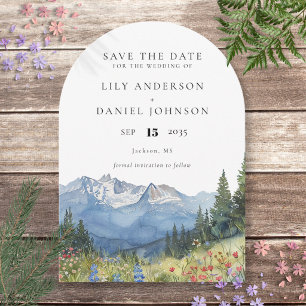 Modern Watercolor Mountain Wildflower Wedding Arch Save The Date