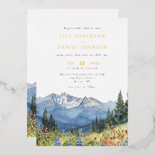 Modern Watercolor Mountain Wildflower Wedding Foil Invitation