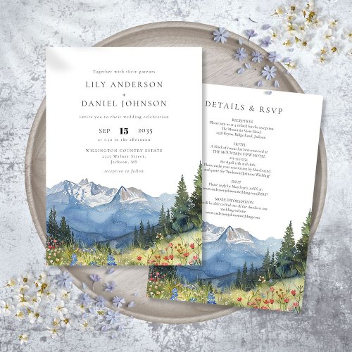 Modern Watercolor Mountain Wildflower Wedding Invitation