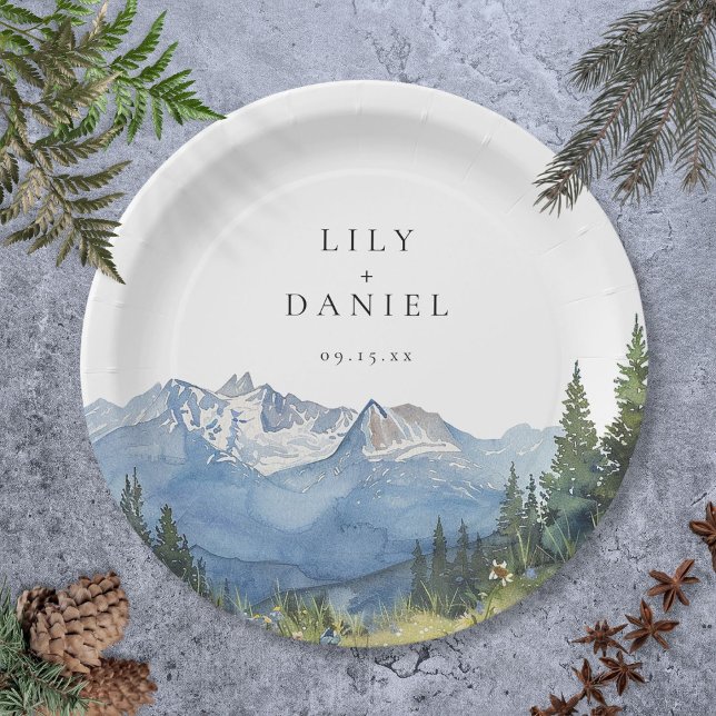 Modern Watercolor Mountain Wildflower Wedding Paper Plates (Modern Watercolor Mountain Wildflower Wedding Paper Plates)