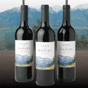 Modern Watercolor Mountain Wildflower Wedding Wine Label