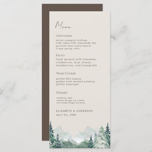 Modern Watercolor Mountains Wedding Dinner Menu