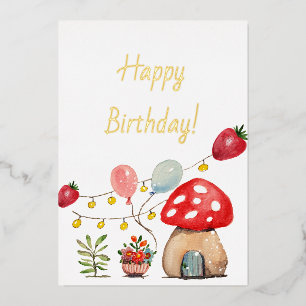 Modern Watercolor Mushroom and Strawberries Foil Invitation