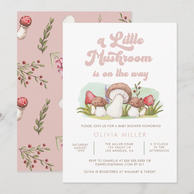 Modern Watercolor Mushroom Baby Shower Invitation (Front/Back)