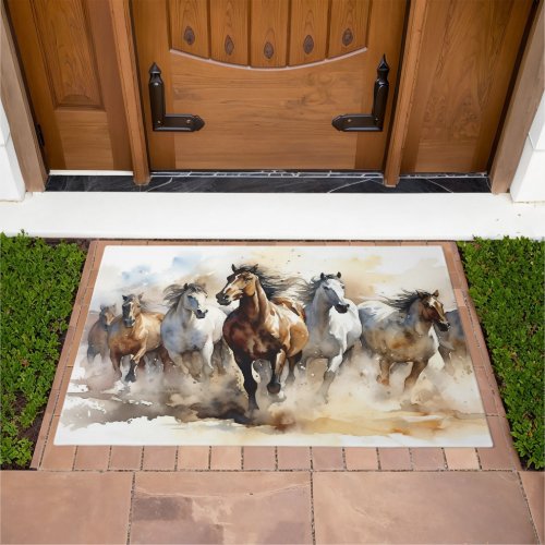 Modern Watercolor Mustangs Wild Horses Equestrian Doormat