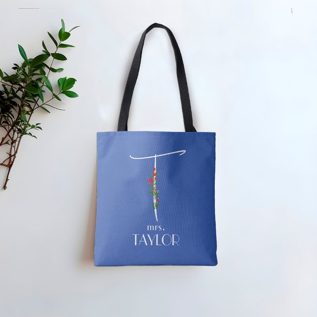 Modern watercolor name letter T teacher blue Tote Bag (Creator Uploaded)