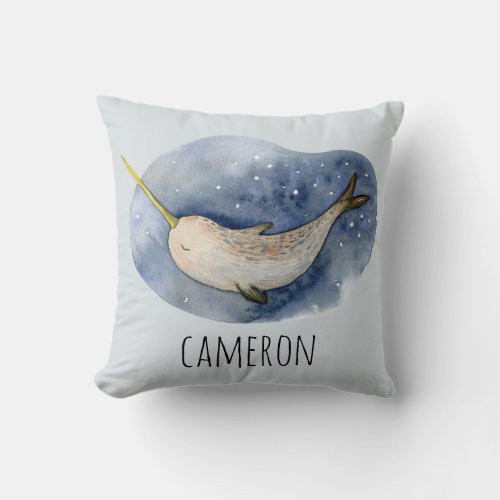 Modern Watercolor Narwhal Blue Ocean Personalized Throw Pillow