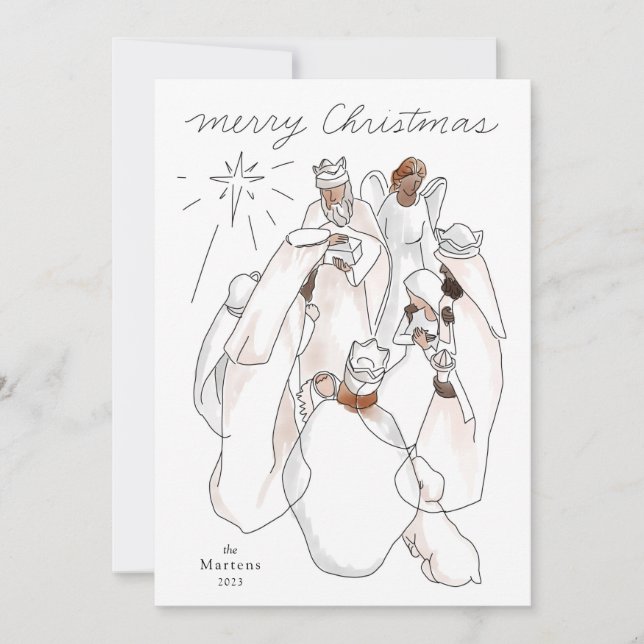 Modern Watercolor Nativity Family Photo Holiday Card (Front)