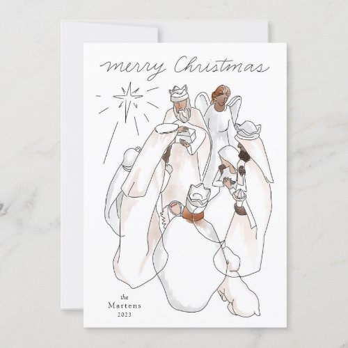 Modern Watercolor Nativity Single Photo Holiday Card