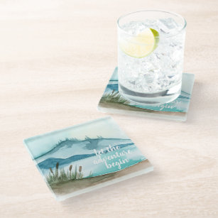 Modern Watercolor Nature Let's The Adventure Begin Glass Coaster