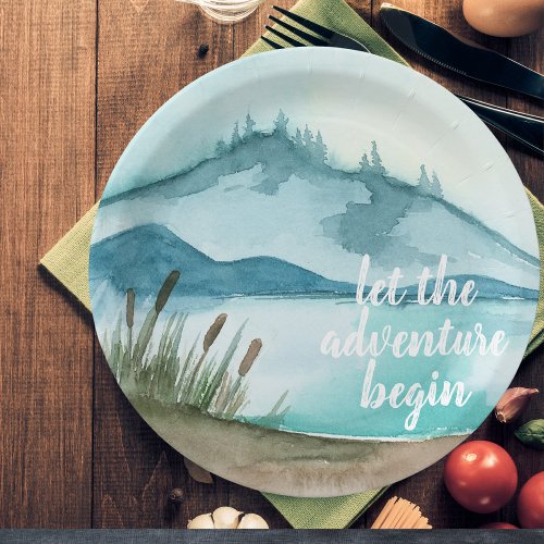 Modern Watercolor Nature Lets The Adventure Begin Paper Plates
