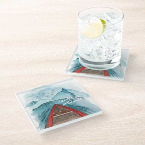 Modern Watercolor Nature See The World Quote Glass Coaster