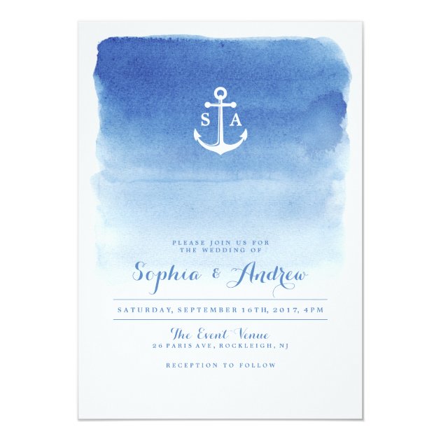 Modern Watercolor Nautical Anchor Beach Wedding Invitation