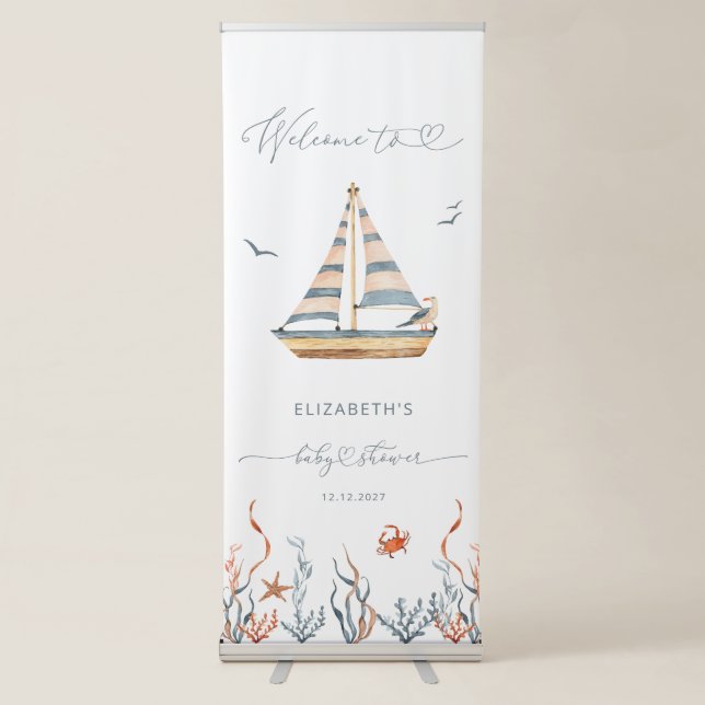 Modern Watercolor Nautical Sailboat Shower Welcome Retractable Banner (Front)