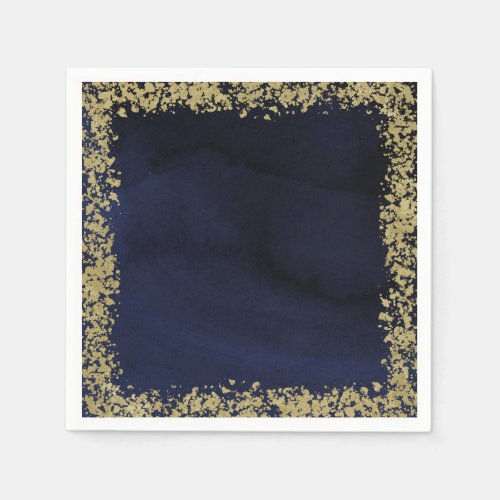 Modern Watercolor Navy Blue  Gold Wedding Napkins