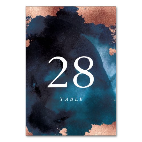 Modern Watercolor Navy Blue Rose Gold Wedding Table Number
