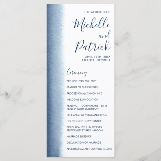 Modern Watercolor Navy Blue Wedding Program (Front)