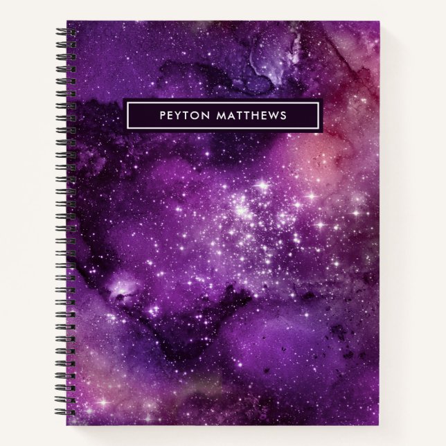 Modern Watercolor Nebula Galaxy Name Purple Notebook (Front)