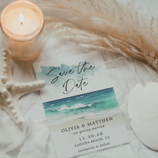 Modern Watercolor Ocean Beach Photo Save the Date  Flyer (Creator Uploaded)