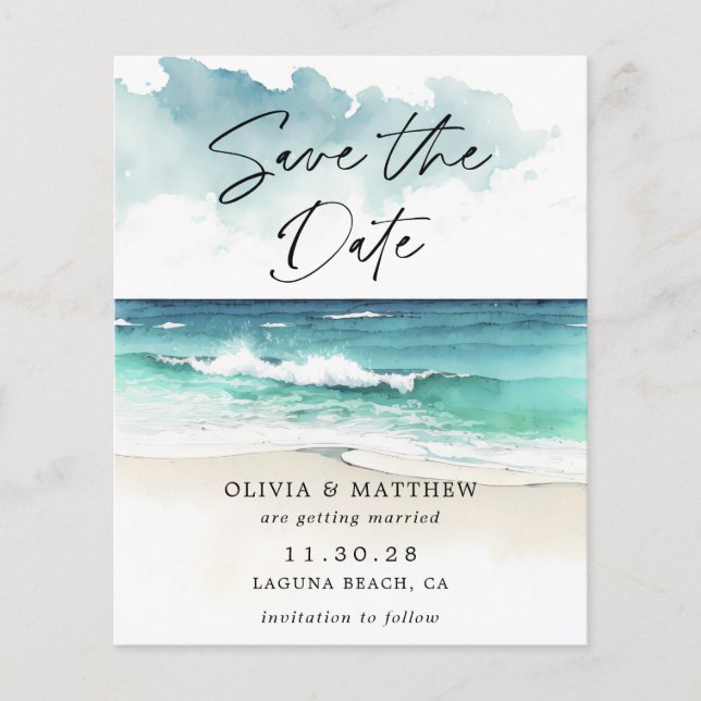 Modern Watercolor Ocean Beach Photo Save the Date  Flyer (Front)