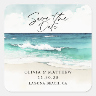 Modern Watercolor Ocean Beach Save the Date Square Sticker