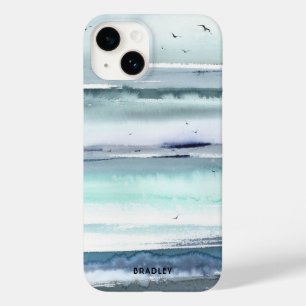 Modern Watercolor Ocean Sea Personalized Name Case-Mate iPhone 14 Case