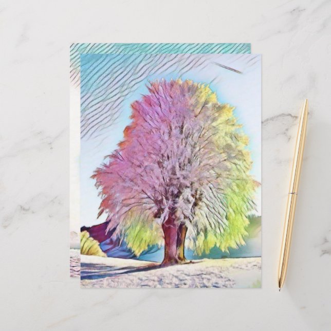 Modern watercolor of colored snowed trees (Front/Back In Situ)